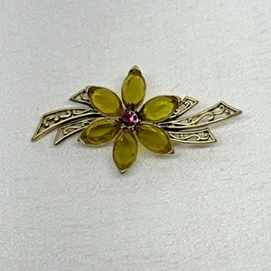 VTG Monet Olive Green Rhinestone Spindle Gold Tone Flower Pin Brooch Rare - Picture 1 of 4