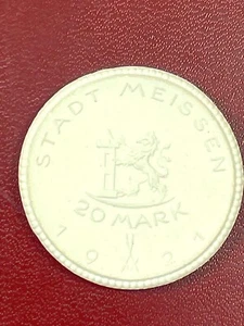 Porzellanmünze Meissen 20 Mark 1921 Notmünze aus Meißner Porzellan weiß - Bild 1 von 2