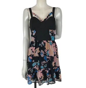 Bettina Liano Dress Black Size 10 Peach Blue Floral Strappy A Line Chiffon Party - Picture 1 of 14
