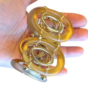 Vintage Amber/Grey Lucite Stretch Bracelet Gold Tone Elements S/M Boho 80s - Picture 1 of 4