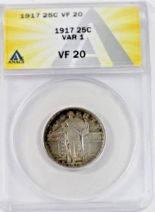 1917 Type 1 Standing Liberty Quarter : ANACS VF20 - Picture 1 of 4