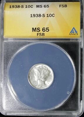 Moneda de diez centavos Mercury 1938-S Anacs MS 65 FSB (2431512) Foto 1 de 4