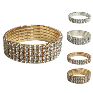 Ladies Girls Stretch 3 & 5 Row Diamante Prom Bracelet Occasionwear Evening Party - Picture 1 of 17