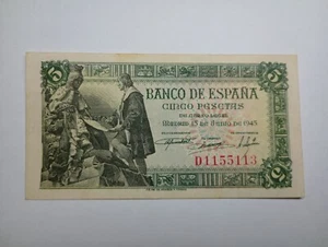 Spanien 5 Peseten 1945 sehr guter Zustand zirkuliert Vintage Welt Papier Banknote - Bild 1 von 2