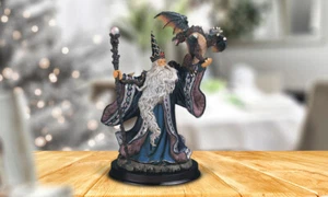 9"H Blue Wizard with Magic Wand and Dragon Figurine Home Decor Unique Gift - Picture 1 of 1