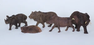 Lot of 5 Hand Carved Ironwood African Animals Lion Elephant Warthog Hippo Rhino - Picture 1 of 10