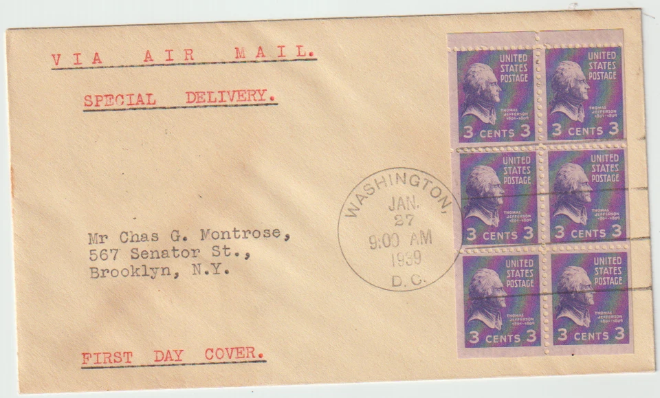 US Scott # 807a Thomas Jefferson 3c FDC pane of six 1939 - Image 1 of 1