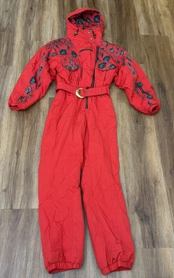 Vtg Red & Black NILS Nylon Ski Suit Jumpsuit Floral Sz 10 - Image 1 of 4