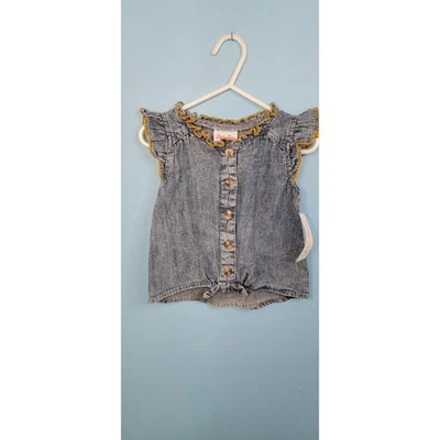 Little Lass 2T Denim Button Up Tie Front Blouse With Yellow Trim NWT - Image 1 of 4