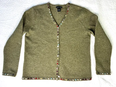 Cárdigan Suéter Mediano De Colección Ojo de Águila Oliva 100% Lana Bordado Floral Borde Foto 1 de 4