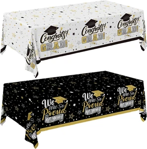 Graduation Decorations 2025-2 Pcs Black and Gold Gongrats Grad Tablecover for Gr - Picture 1 of 12