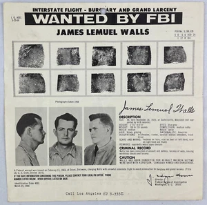 Vintage Wanted Poster, 1966, James Lemuel Walls, Interstate Flight, FBI - Picture 1 of 2
