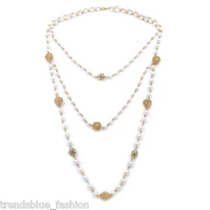 Elegant Gold Tone Simulated White Pearl & Rhinestone Long Layered Necklace - Picture 1 of 1