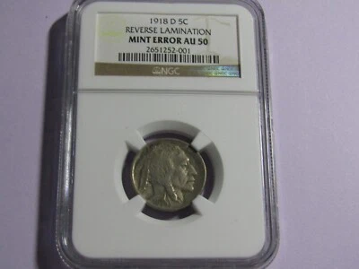 1918-D Buffalo Nickel Reverse Lamination Mint Error NGC AU50 - Image 1 of 2