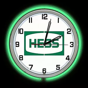 Hess Öl Tankstelle Schild 19" grün Doppel Neon Uhr Männerhöhle - Bild 1 von 2