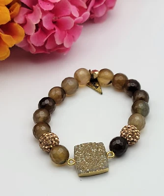 Erimish White Druzy Charm Brown Agate Bead Stretch Bracelet Rose Gold Tone 6 In - Image 1 of 4