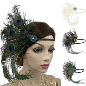 1920s Headband Feather Peacock Bridal Great Gatsby Flapper Headpiece Gangster - Picture 1 of 16