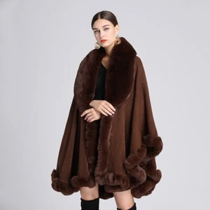 Women Faux Rabbit Fur Collar Shawl Cape Plus Size Knitted Cardigan Loose Jacket - Picture 1 of 40