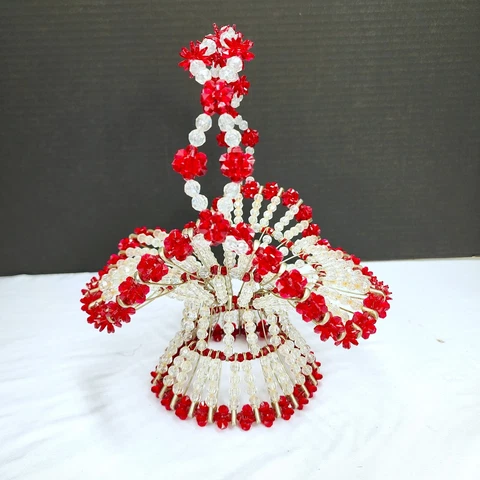 Vintage Handmade Acrylic Beaded Clear and Red Safety Pins Art Basket 11" Cover