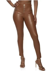 Women’s Brown Vegan Leather Pants High Waist Pants With Zippers NWT - Size S - Picture 1 of 7