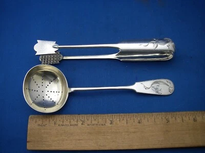 Fine RUSSIAN Silver SUGAR TONGS & SIFTER-Art Nouveau Engraving-Maker NM - Image 1 of 4