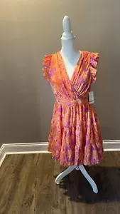 Taylor Floral Print Bubble Crepe V-Neck Flutter Cap Sleeve Pleated Mini Dress - Picture 1 of 10