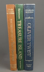 3 CLASSIC HARDCOVER BOOKS - TOM SAWYER, OLIVER TWIST & TREASURE ISLAND - Foto 1 di 23