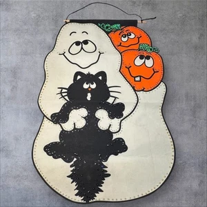 Vintage Halloween Filz Wandbehang leuchten im Dunkeln Geist Katze Kürbisse 24 Zoll - Bild 1 von 9