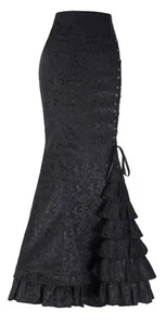 Damen Punk Chinesisch Jacquard Langer Rock Gothic Fischschwanz Lagenlook Rüschen Schnürung L - Bild 1 von 8