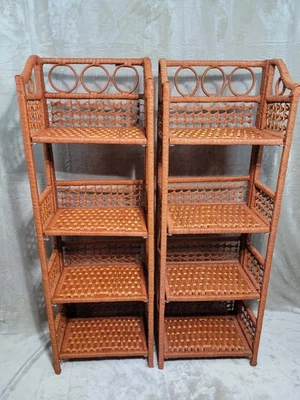 Vtg Lot 2 Wicker Rattan Folding Bookcase Shelf Boho Decor Plant Stand Bookshelf - Image 1 of 4