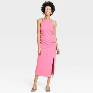 Sleeveless Ruched Ponte Pink Maxi Slit Dress Small-A New Day-New - Picture 1 of 8