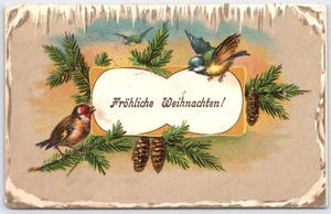 Vintage German Fröhliche Weihnachten Christmas Postcard Birds Pinecones 1909 - Picture 1 of 2