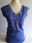 Size Medium - Large Ladies Blue Lace Stretch Top V Neck Cap Sleeves