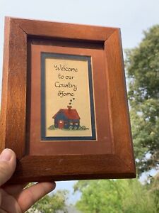 Vintage Primitive Framed Art WELCOME TO OUR COUNTRY HOME Saltbox House ❤️ sj17j