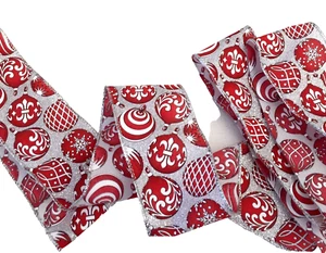 Pale Grey Wired Red &White Baubles Ribbon For Bows,Wreaths,Crafts Tree 1 MTR - Bild 1 von 5