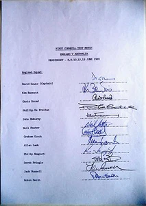 ENGLAND v AUSTRALIA 1989, 1ST TEST MATCH – CRICKET OFFICIAL AUTOGRAPH TEAM SHEET - Picture 1 of 1