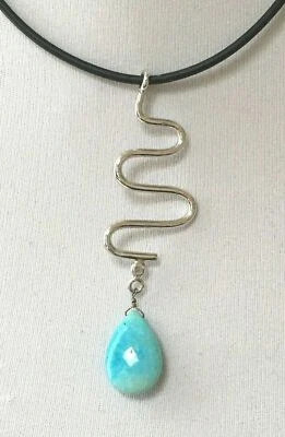 Artisan Sterling Silver Turquoise Teardrop Modern Modernist Pendant Necklace  - Image 1 of 4
