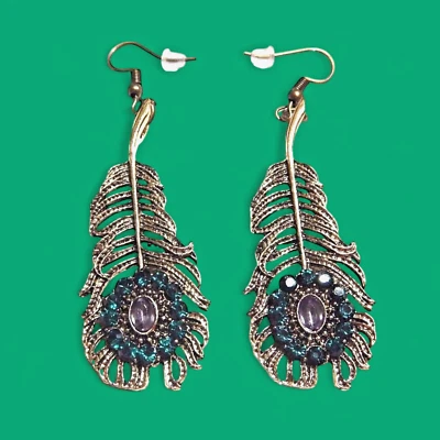 Pendientes de pluma de pavo real de metal verde dorado con diamantes de imitación de cristales falsos bronce V2 Foto 1 de 2