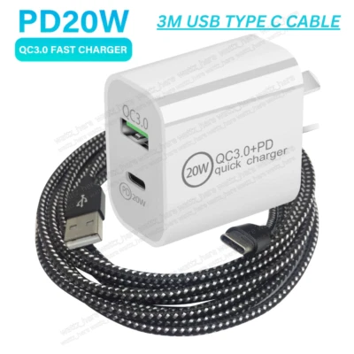 20W PD Wall Adapter Fast Charger QC 3.0 Power For Samsung LG 3M USB Type-C Cable - image 1 of 4
