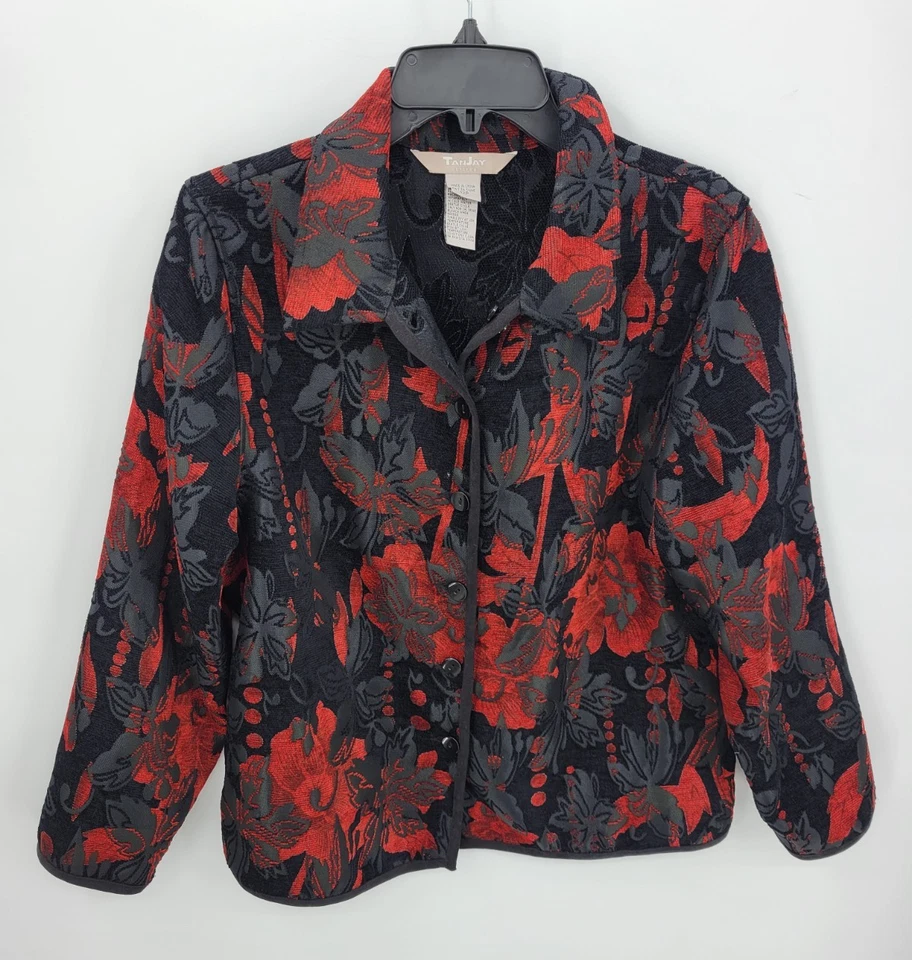 Chaqueta TanJay Mujer 12P Roja Negra Floral Tapiz Abotonada Blazer Artístico Foto 1 de 4