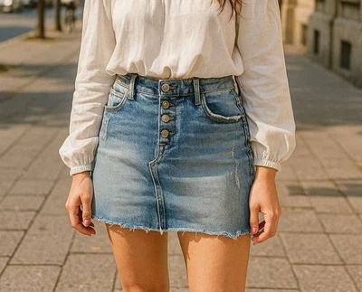 Kensie 10 Mini Falda Denim Algodón Jean Costura Asimétrica Dobladillo Crudo Botón Delantero Foto 1 de 4