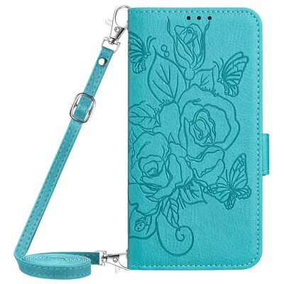 For Various Phone Crossbody Strap Leather Rose Card Wallet Case Flip Stand Cover - Image 1 of 4