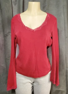 Express Blouse Women Red Long Sleeve Stretch Knit Lace Collar V-Neck Top Sz L - Picture 1 of 11