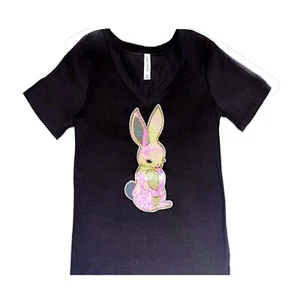 ZENANA OUTFITTERS Lg Sequin Rabbit Appliqué Black T-Shirt V-Neck Short Sleeve 3X - Picture 1 of 7