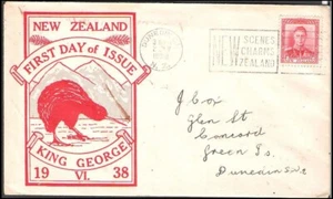 NEW ZEALAND 1938 KGVI 1d RED KIWI CACHET/FDC (JF) - Picture 1 of 1