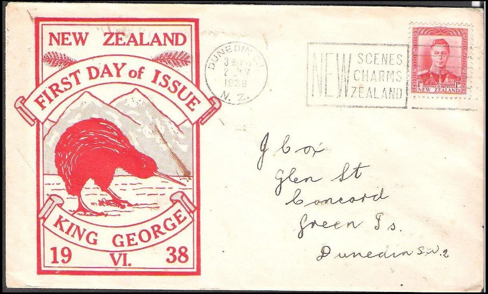 NEW ZEALAND 1938 KGVI 1d RED KIWI CACHET/FDC (JF) - Image 1 of 1