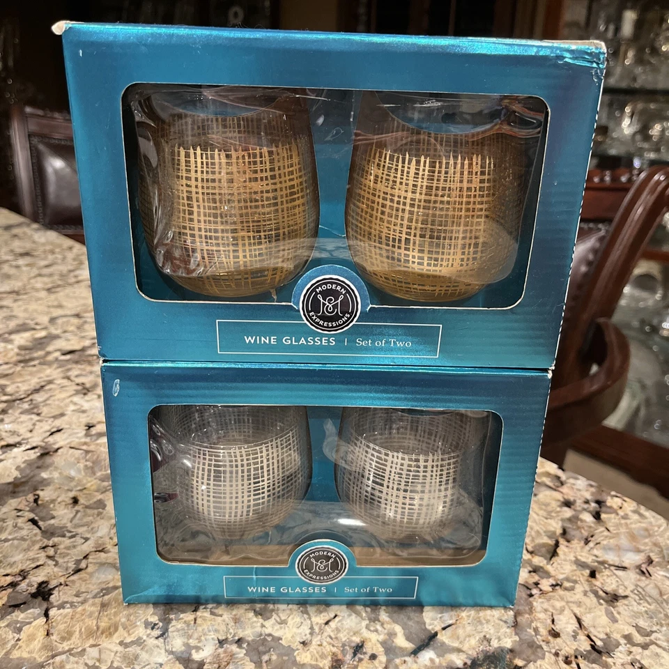 Modern Expression Wine Glasses Set of 2 Hand Painted Gold