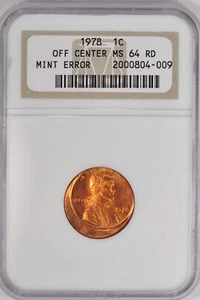 1978 OFF CENTER Lincoln Memorial Cent NGC MS 64 RD MS64 RED Mint Error Coin 1C - Picture 1 of 2