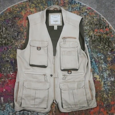 Chaleco de Safari Orvis Zambezi Sarga Pesca Caza Hombres Grande Cuero Borde Ventilado Foto 1 de 4