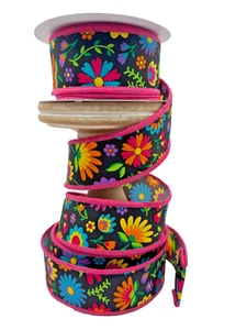 Bright Dramatic Flower Ribbon cinco de mayo day of dead 1.5" Wire Edged 5 Yards - Picture 1 of 2